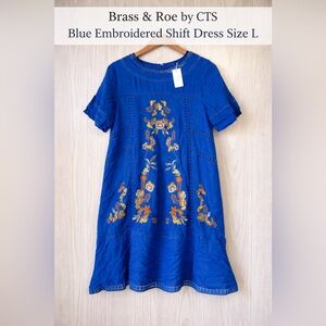 Brass & Roe by CTS Blue Embroidered Shift Dress Size L NWT